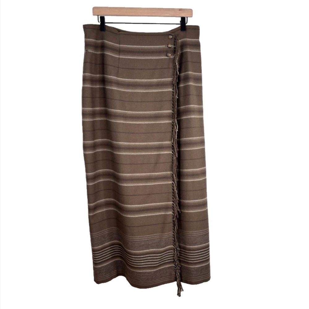 VTG Lauren Ralph Lauren Christmas Wool Midi Skirt 16 Fringe Stripe Olive Green